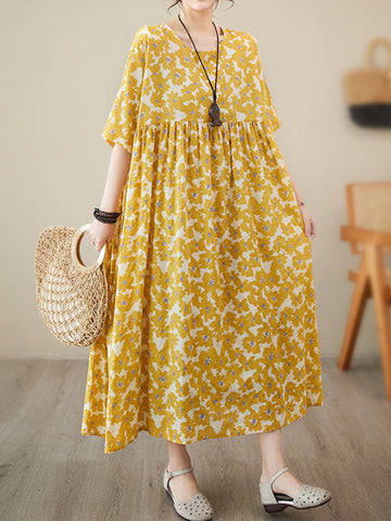 Floral Printed Pleated Split-Joint Loose Raglan Sleeve Round-Neck Midi Dresses