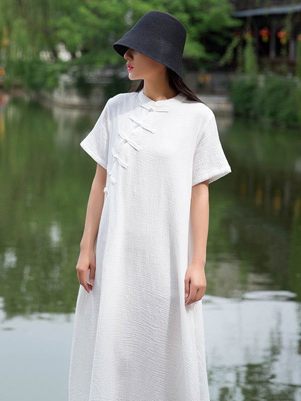 Frog Stand Collar Short Sleeve Loose Long Cheongsam