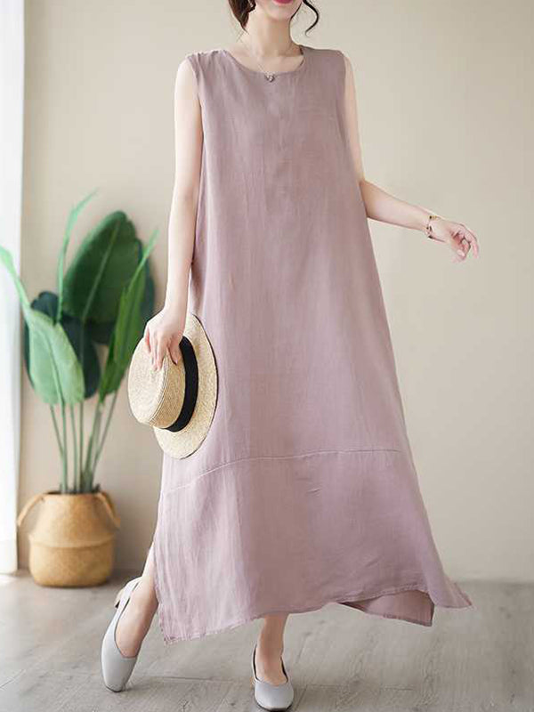 Solid Color A-Line Loose Round-Neck Midi Dresses