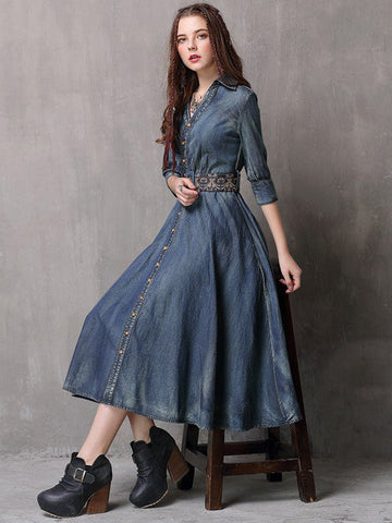 Vintage Embroidered Cropped Denim Dress