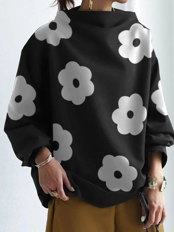 Long Sleeves Loose Contrast Color Printed Stand Collar T-Shirts