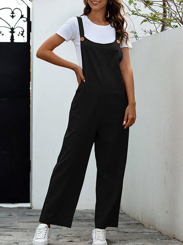 Buttoned Solid Color Loose Overalls