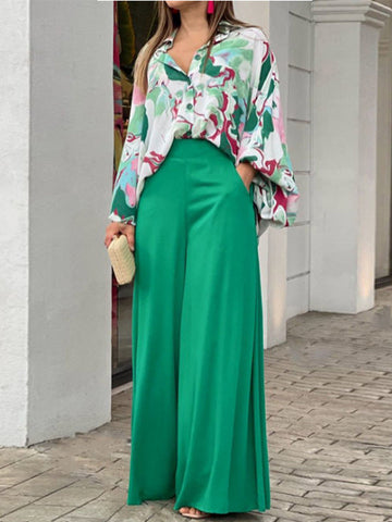 Original Contrast Color Blouse&Solid Wide Legs Pants 2 Pieces Set