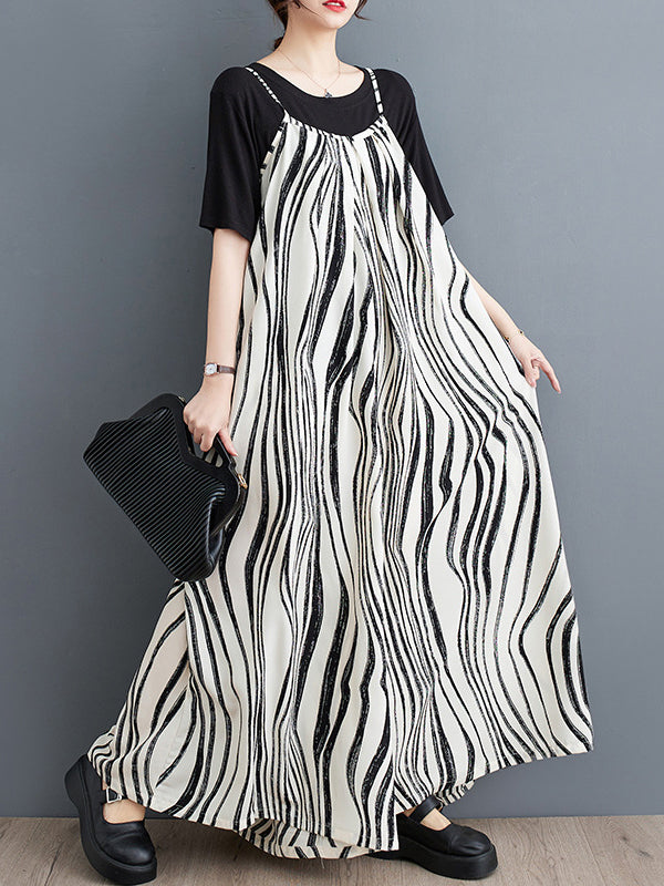 Zebra-Stripe Culottes Loose Spaghetti-Neck Overalls