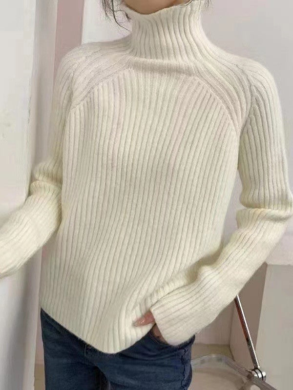 Casual Long Sleeves Loose Solid Color High-Neck Sweater Tops