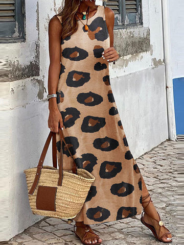 Leopard Printed Split-Side Loose Sleeveless Round-Neck Maxi Dresses