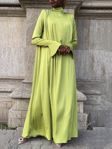 Solid Color Flared Sleeves Long Sleeves High-neck Maxi Dresses