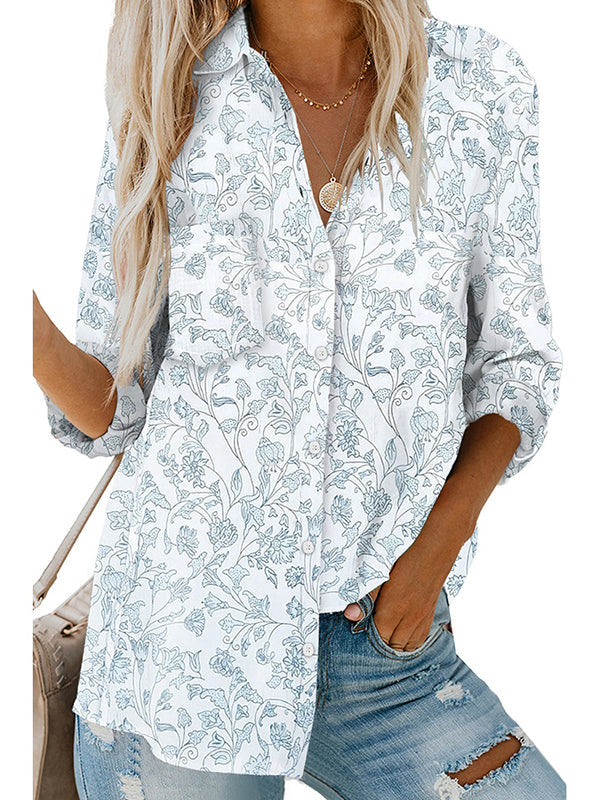 Buttoned Flower Print Pockets High-Low Long Sleeves Lapel Blouses&Shirts Tops