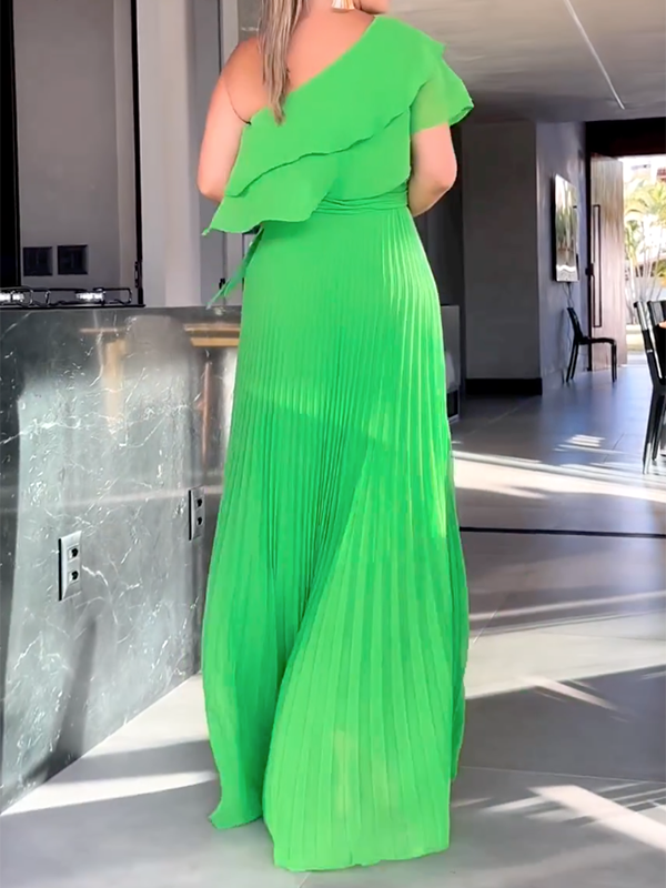 Asymmetric Plain Pleated Loose One-Shoulder Maxi Dresses