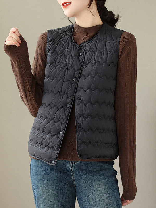 Buttoned Quilted Solid Color Loose Sleeveless Round-Neck Padded Vest