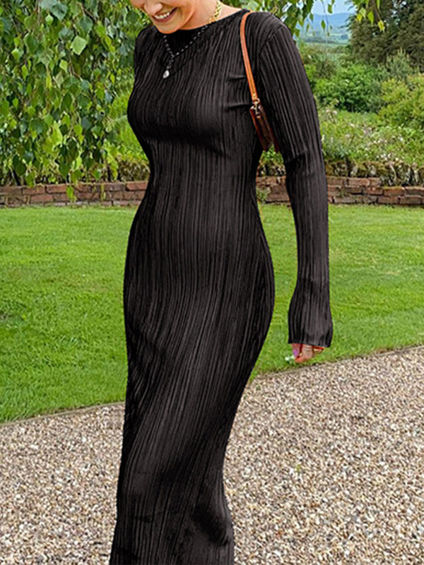 Pleated Solid Color Split-Joint Long Sleeves Skinny Round-Neck Maxi Dresses