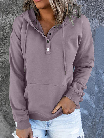 Drawstring Pockets Split-Joint Long Sleeves Loose Hooded Hoodies Tops