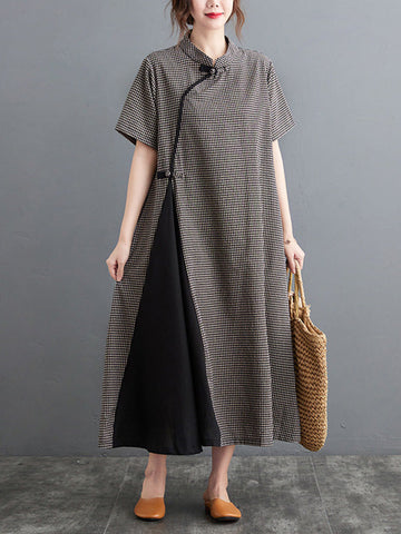 Retro Plaid Short Sleeve Stand Collar Long Cheongsams Dress