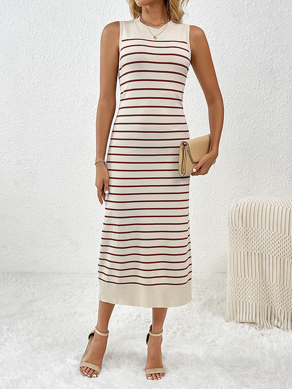 Striped Relaxed Fit Sleeveless Round-Neck Midi Dresses Knit Dresses