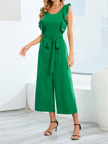 Pleated Solid Color Tied Waist Loose Sleeveless Round-Neck Jumpsuits