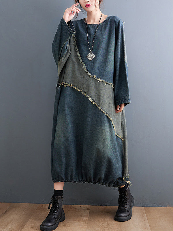 Original Loose Denim Contrast Color Round-Neck Long Sleeves Midi Dress