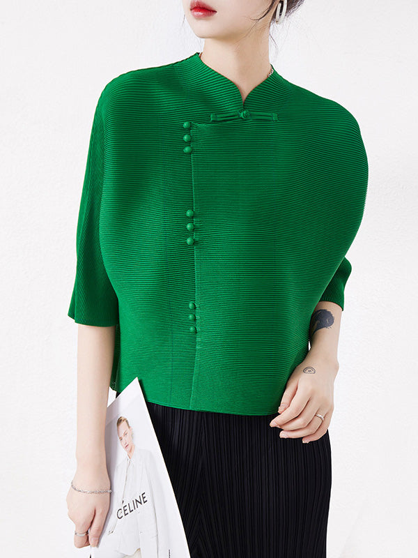 Vintage Loose Half Sleeves Buttoned Asymmetric Solid Color Stand Collar Blouses&Shirts Tops