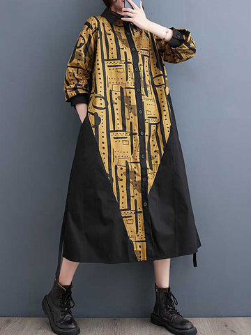 Asymmetric Contrast Color Printed Warp Knitting A-Line Long Sleeves Lapel Shirt Dress Midi Dresses