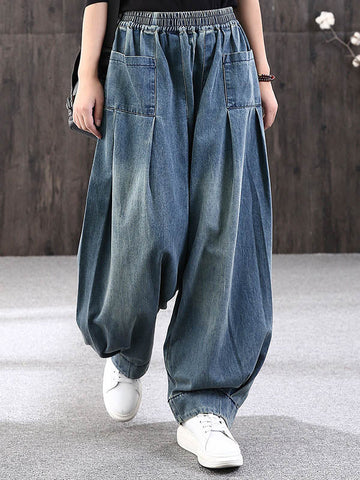 Leisure Solid Denim Puff Pants Bottoms