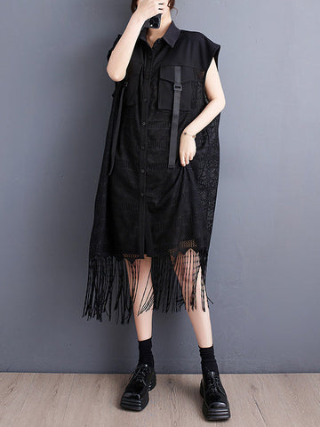 Gauze Pockets Split-Joint Tasseled Short Sleeves Lapel Midi Dresses