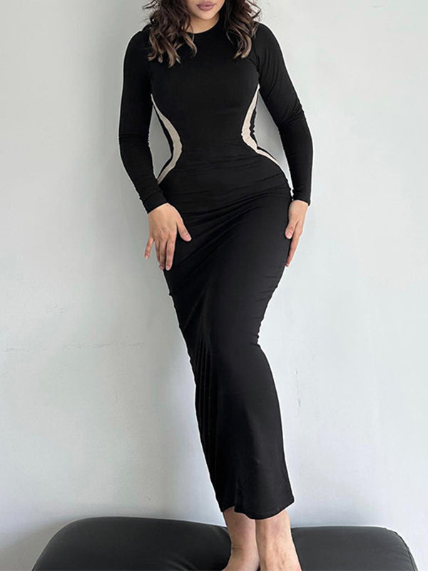 Contrast Color Long Sleeves Skinny Round-Neck Maxi Dresses