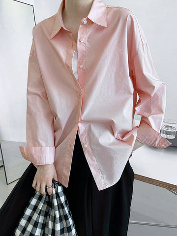 Simple White Pink Solid Color Split-Joint Blouses