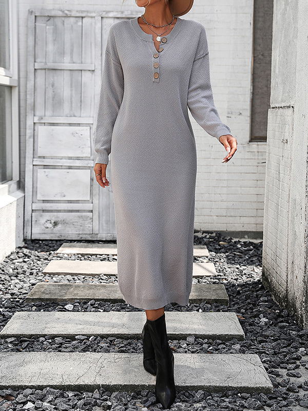 Buttoned Split-Joint Long Sleeves Loose Round-Neck Sweater Dresses Midi Dresses