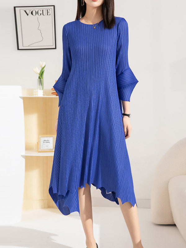 Pleated Solid Color Irregular clipping Loose Round-neck Midi Dresses