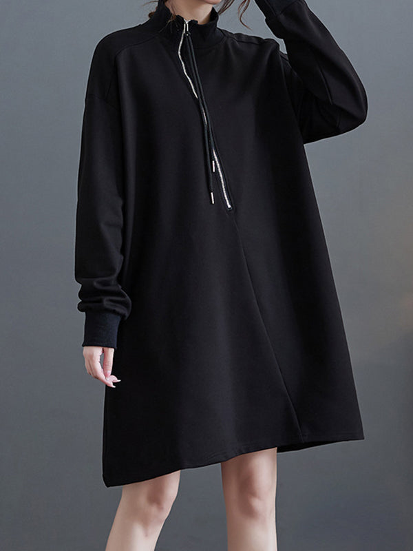 Asymmetric Split-Joint Zipper A-Line Long Sleeves Mock Neck Sweatershirt Mini Dresses