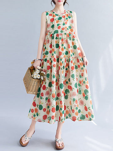 Floral Printed Pleated Split-Joint Loose Sleeveless Round-Neck Midi Dresses