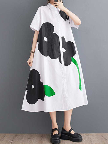 Buttoned Floral Printed Loose Short Sleeves Lapel Collar Midi Dresses