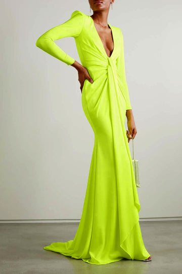 Solid Color Tasseled Zipper Long Sleeves Skinny V-Neck Maxi Evening Dresses