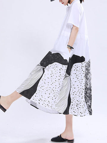 Contrast Color Drawstring Printed Tied Waist Loose Short Sleeves Lapel Shirt Dress Midi Dresses