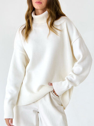 Solid Color Long Sleeves Loose High Neck Sweater Tops Pullovers Knitwear