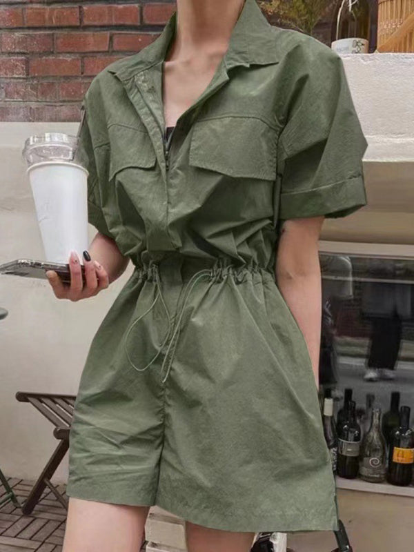 Loose Wide Leg Drawstring Solid Color Zipper Notched Collar Rompers