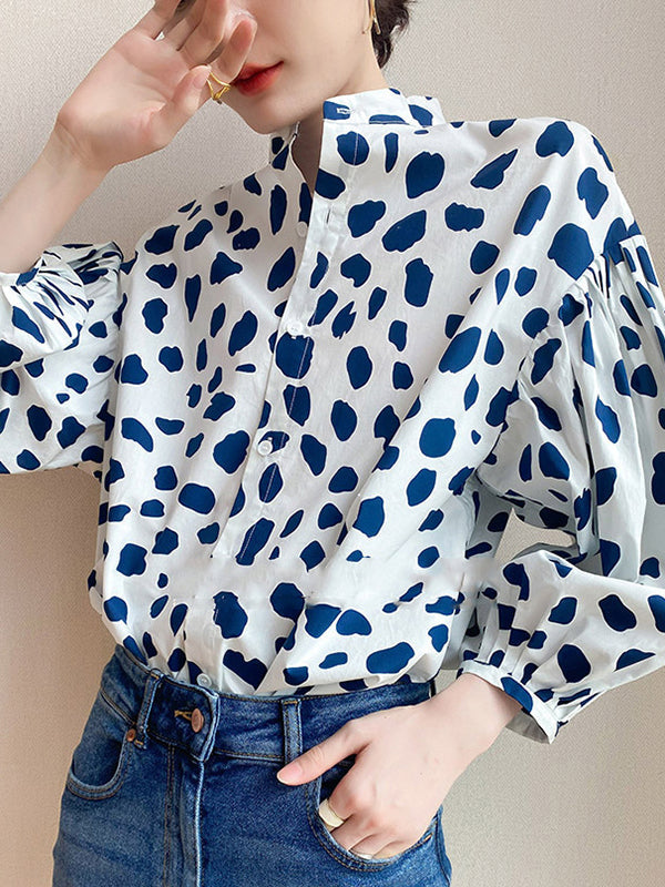 Pleated Polka-Dot Split-Joint Loose Puff Sleeves Stand Collar Blouses