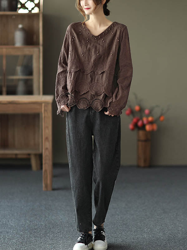 Black&Coffee Lacy Hollow V-Neck Long Sleeve Shirts