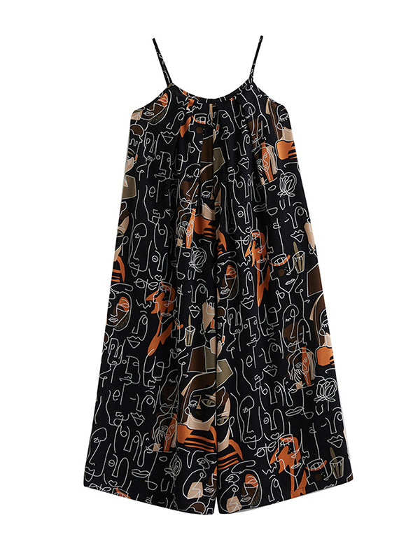 Figure Printed Loose Wide Leg Spaghetti-Neck Overalls