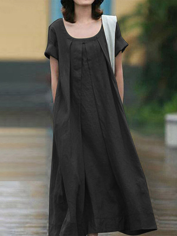 Simple Solid Color U-Neck Pleated Short Sleeves Maxi Dress