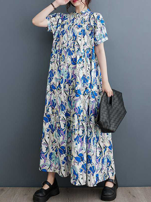 Printed Split-Joint A-Line Loose Stand Collar Midi Dresses