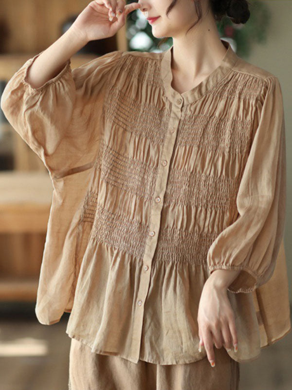 Pleated Solid Color Split-Joint Loose Three-Quarter Sleeves Stand Collar Blouses&Shirts Tops