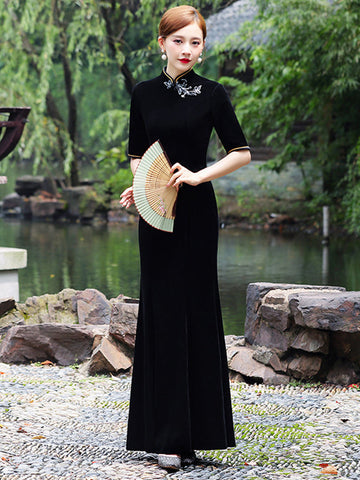 Original Applique Pleuche Stand Collar Half Sleeves Long Cheongsams