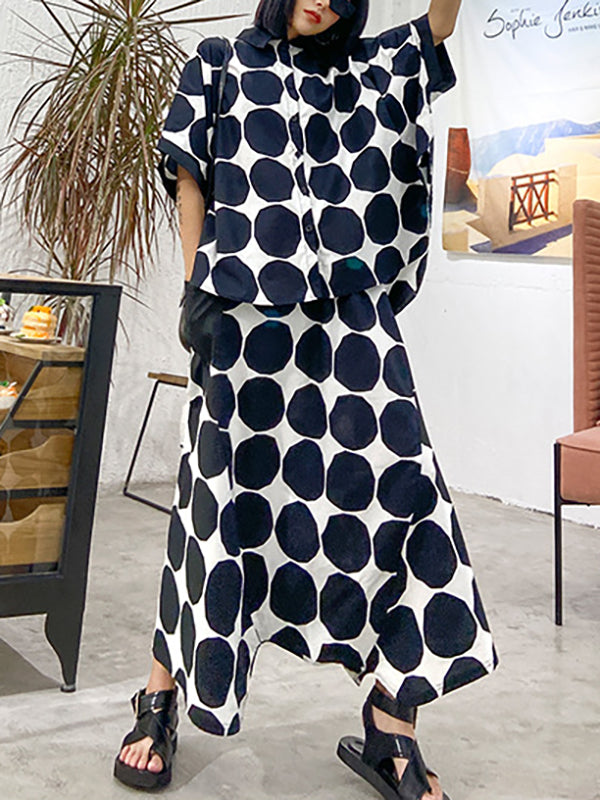 Round-Neck Batwing Sleeves Buttoned Polka-Dot Shirts Top + Elasticity Pockets Harem Pants Pants Bottom Two Pieces Set