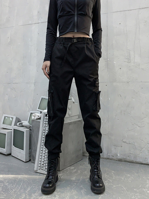 Original Black Pocket Zipper Split-Joint Overalls Pants