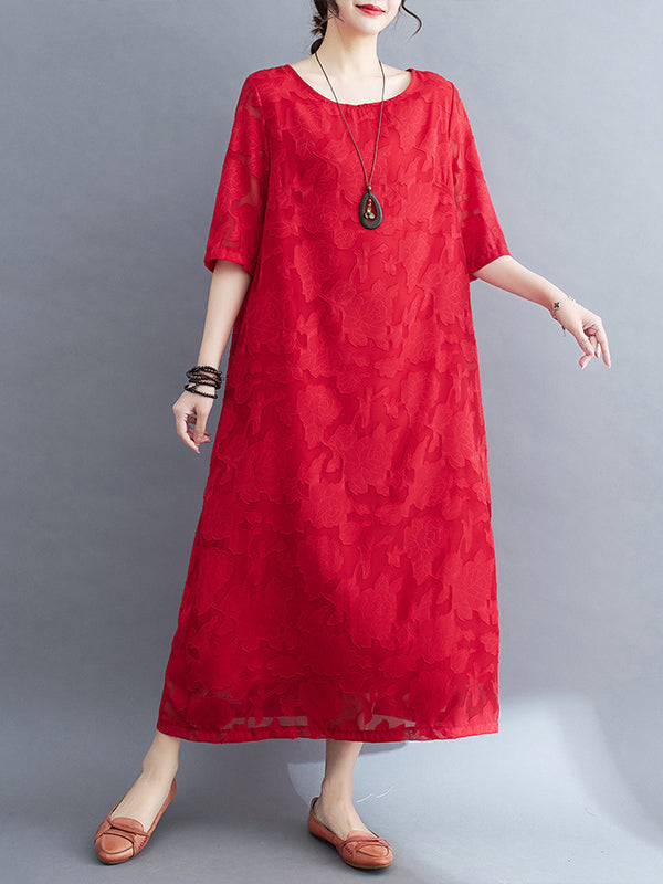 Jacquard See-Through Solid Color Loose Three-quarter Sleeves Round-neck Midi Dresses