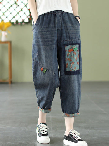 Artistic Retro Vintage Loose Applique Harem Jean Pants