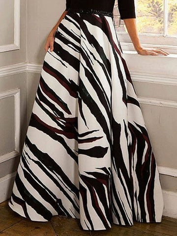 A-line High Waisted Contrast Color Split-Joint Zebra-Stripe Long Skirts Skirts