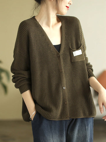 6 Colors Urban Split-Joint Solid Color V-Neck Cardigan Top