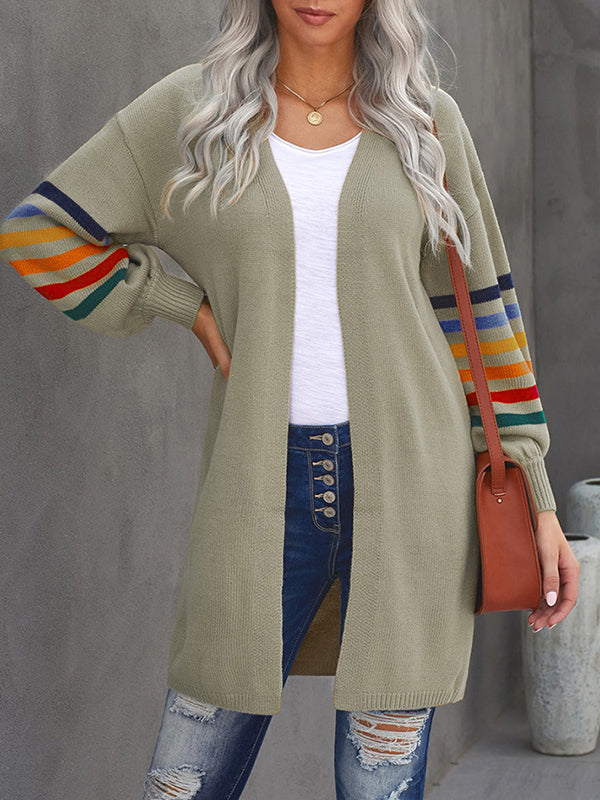 Colorful Contrast Color Striped Long Sleeves Loose Collarless Cardigan Tops