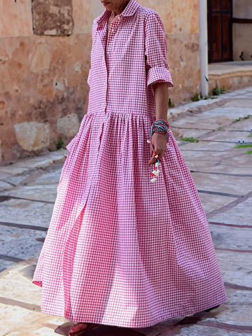 Buttoned Plaid Pleated Split-Joint Long Sleeves Loose Lapel Maxi Dresses